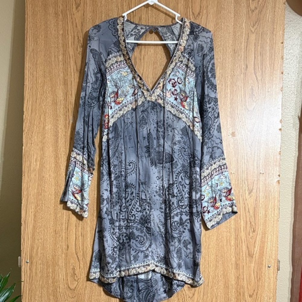 Odd Molly Antropologie Gray and Blue Patterned Tunic